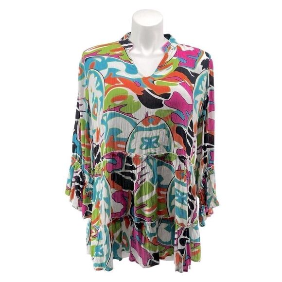 Ashley Stewart Tops - Ashley Stewart Boho Tunic or Mini Dress 14/16 Rayon Bell Sleeves Ruffle Hem